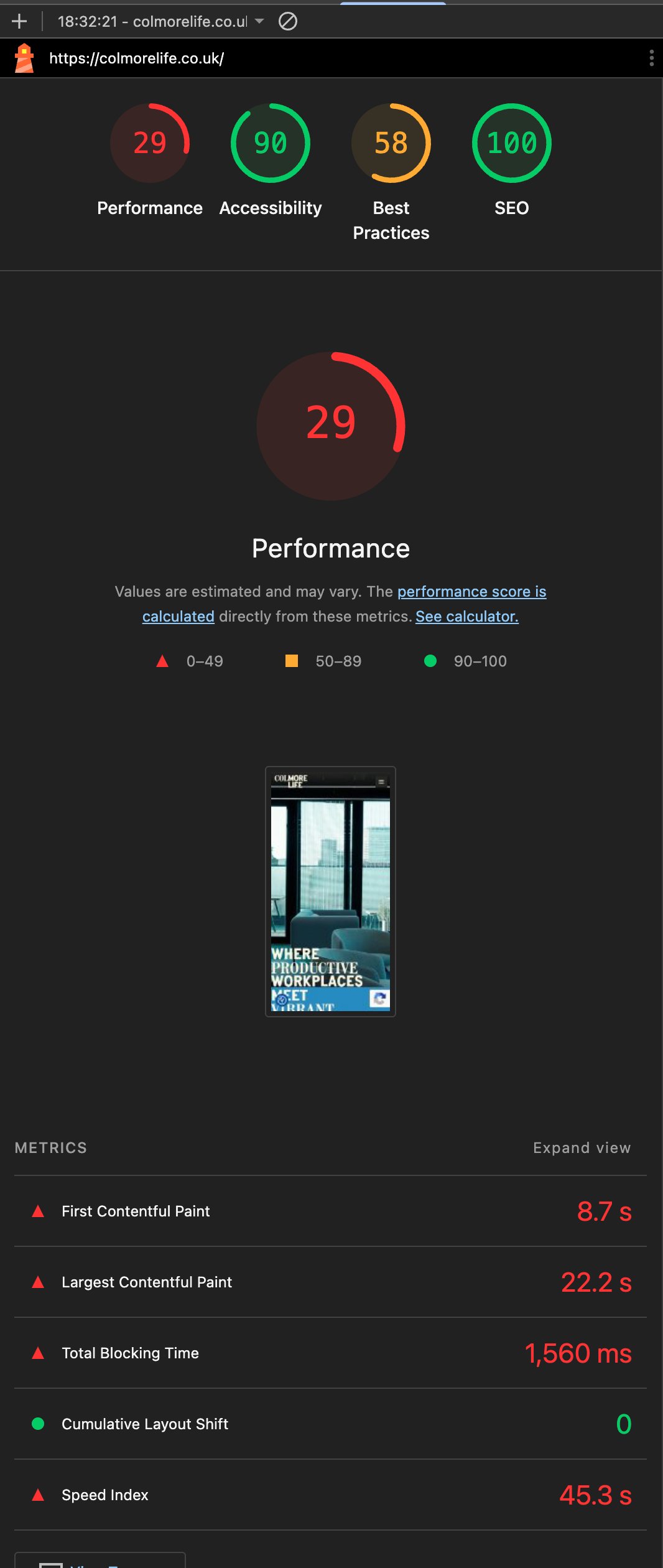 Google Lighthouse mobile report for colmorelife.co.uk: Performance 29, Accessibility 90, Best Practices 58, SEO 100.