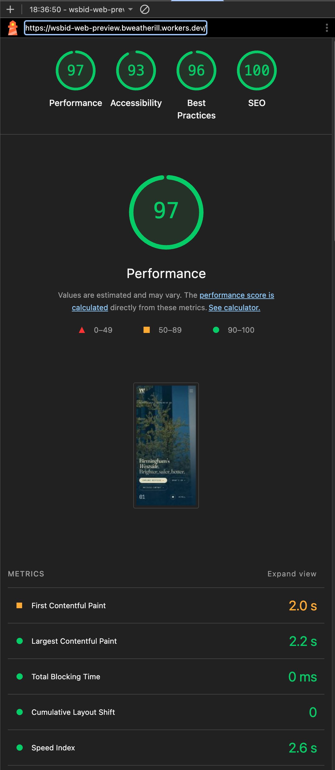 Google Lighthouse mobile report for the Westside build: Performance 97, Accessibility 93, Best Practices 96, SEO 100.