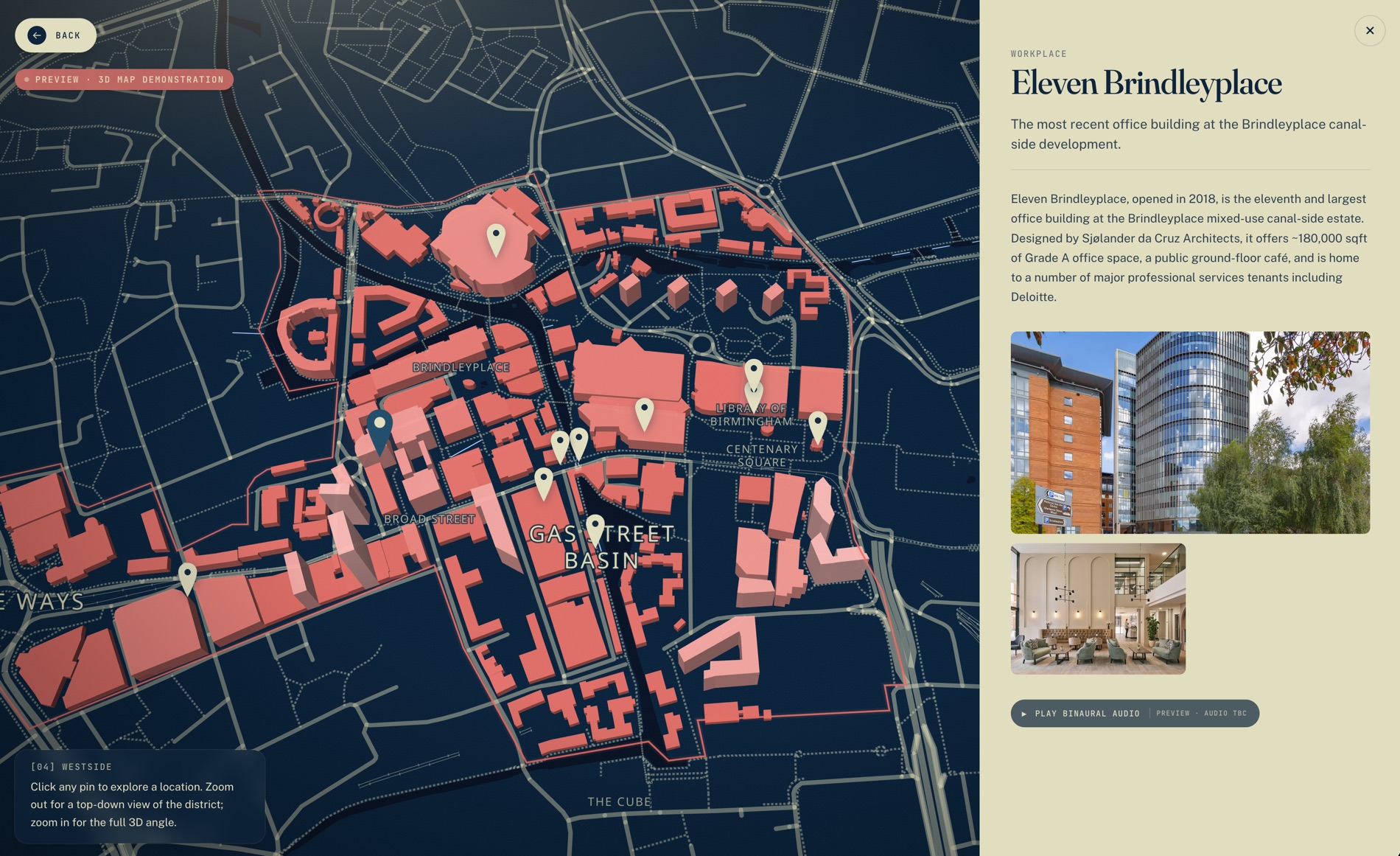 The live 3D model of the Westside district — buildings extruded and drawn to the BID boundary with clickable location pins, and an open information panel showing Eleven Brindleyplace with photography.