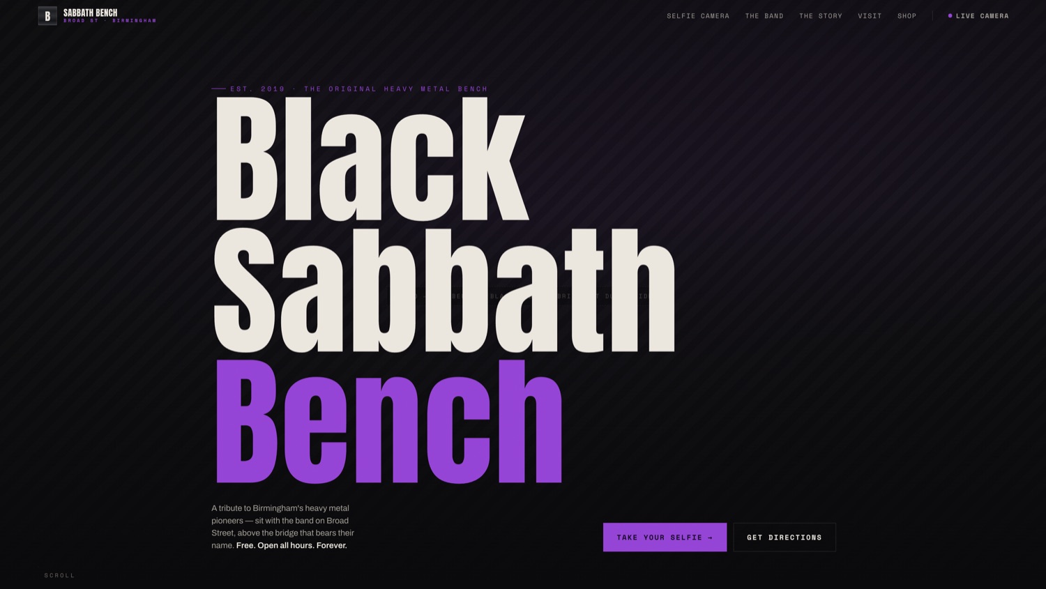 Black Sabbath Bench microsite homepage — huge condensed type reading ‘Black Sabbath Bench’ with ‘Bench’ in electric purple on a near-black background.