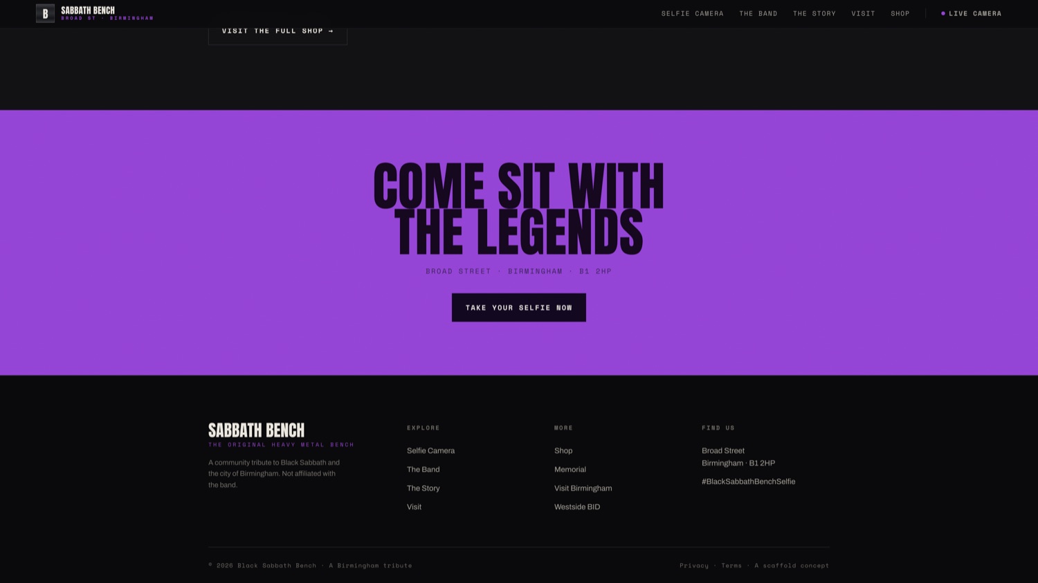 A full-width purple band reading ‘Come sit with the legends’ with a ‘Take your selfie now’ button, above the site footer.