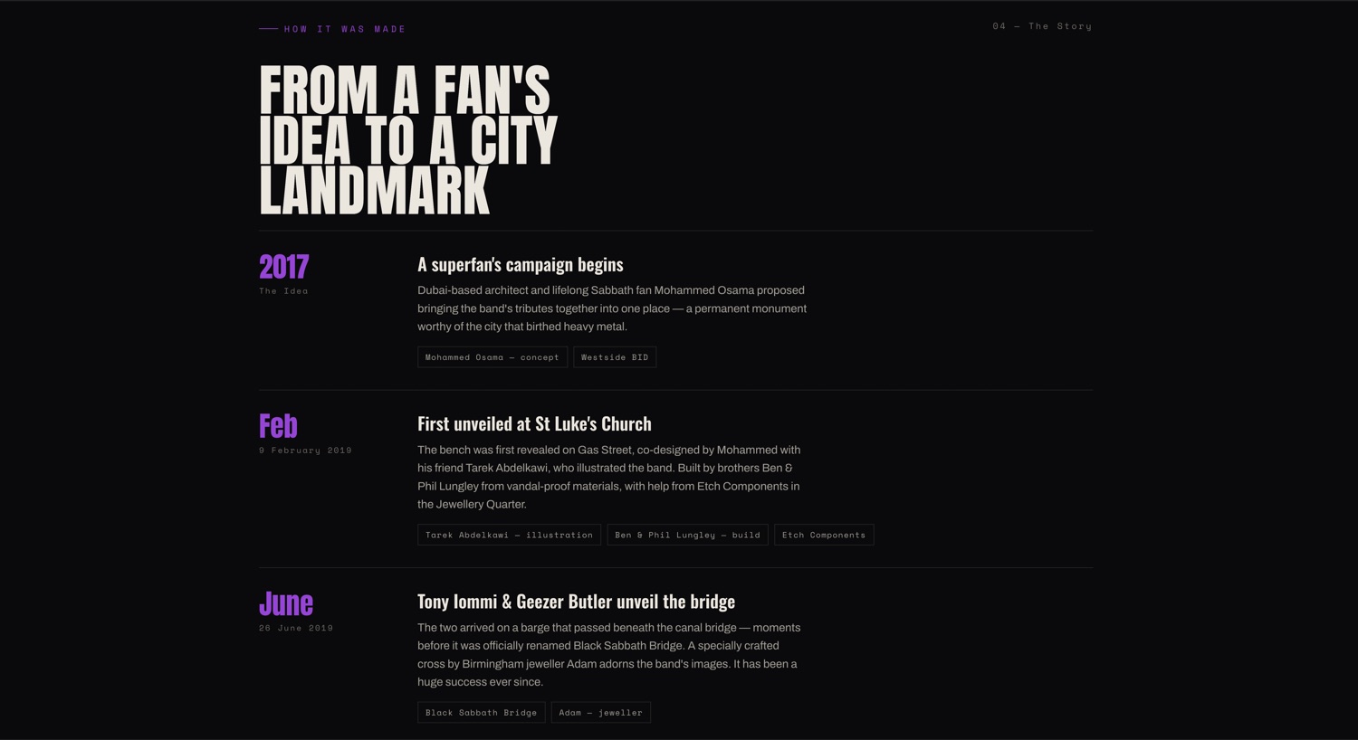 The Story section — a timeline from a fan’s idea to a city landmark, with purple year markers for 2017, February and June.