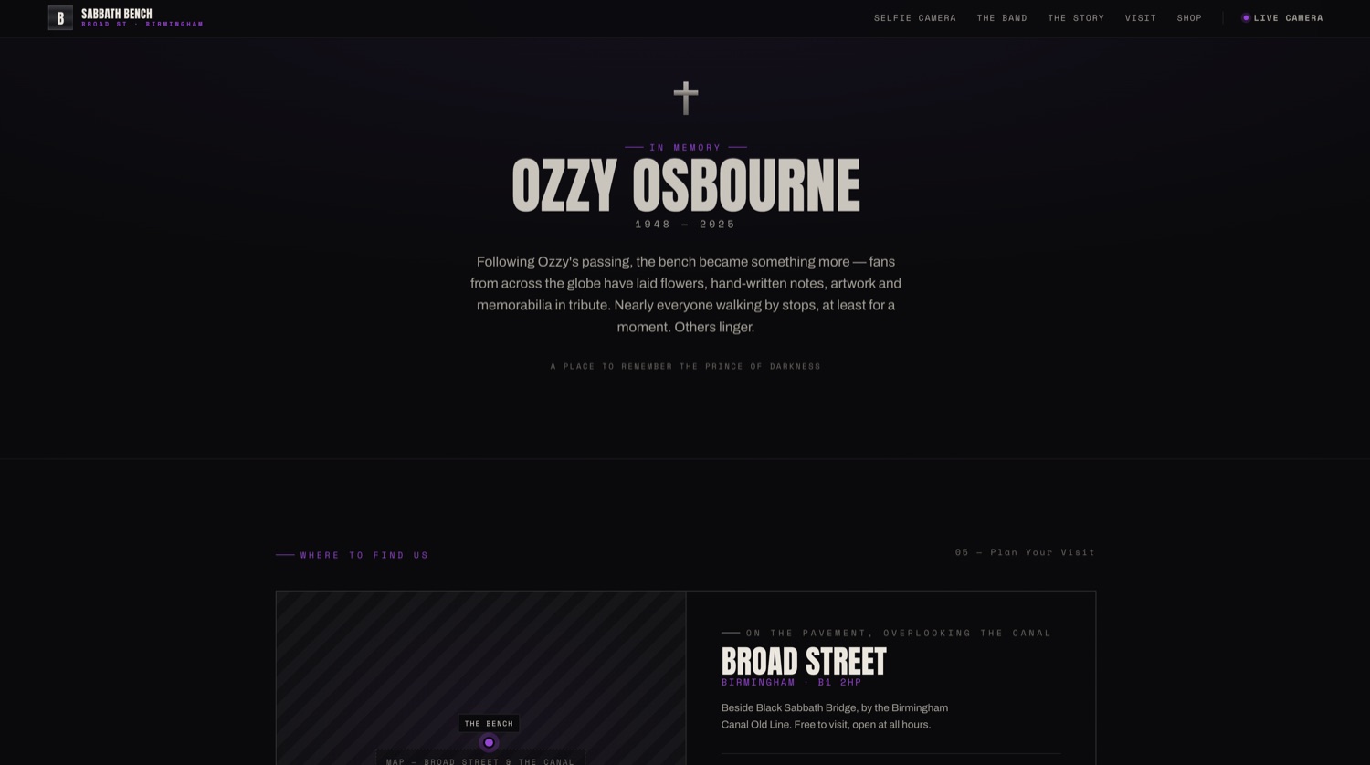 In-memory tribute to Ozzy Osbourne (1948–2025) above a ‘Plan your visit’ block pointing to Broad Street by Black Sabbath Bridge.