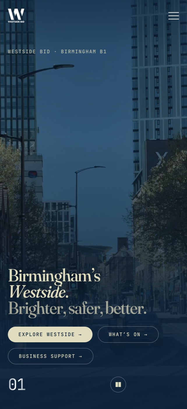 Mobile view of the live Westside homepage — the cinematic hero reading 'Birmingham’s Westside. Brighter, safer, better.' over a navy-toned street scene.