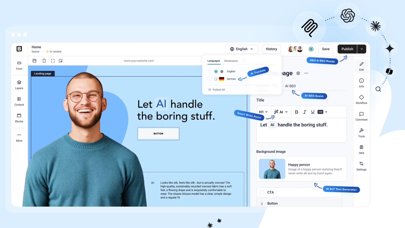 The Storyblok visual editor — a browser-based interface with a live website preview on the left and editable content fields on the right, plus AI-assisted tools labelled for translation, SEO, writing and alt-text.
