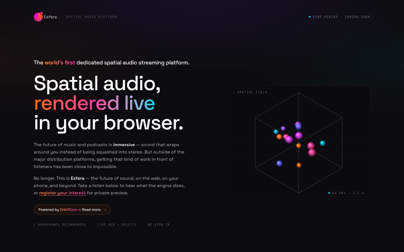 The Esfera.Audio homepage — a dark spatial-audio streaming platform reading ‘Spatial audio, rendered live in your browser.’