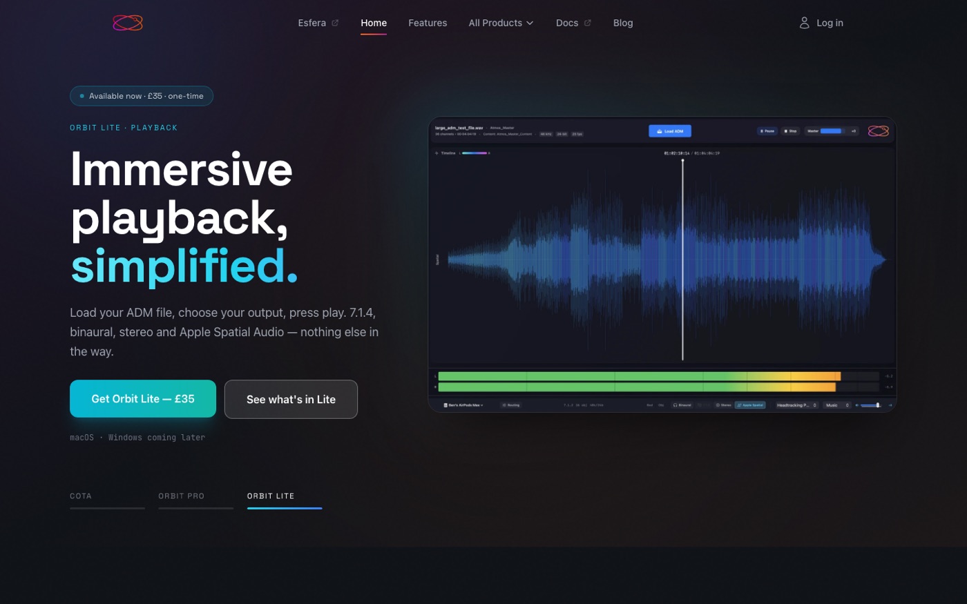 The Orbit Spatial homepage — an immersive audio playback tool with a waveform player.