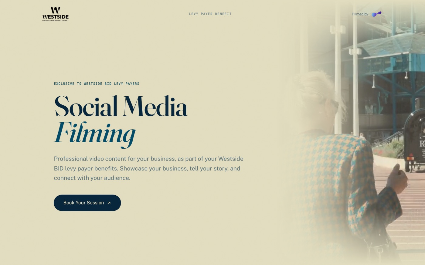 The Westside Socials site — ‘Social Media Filming’ for Westside BID businesses, in the Westside cream-and-navy style.